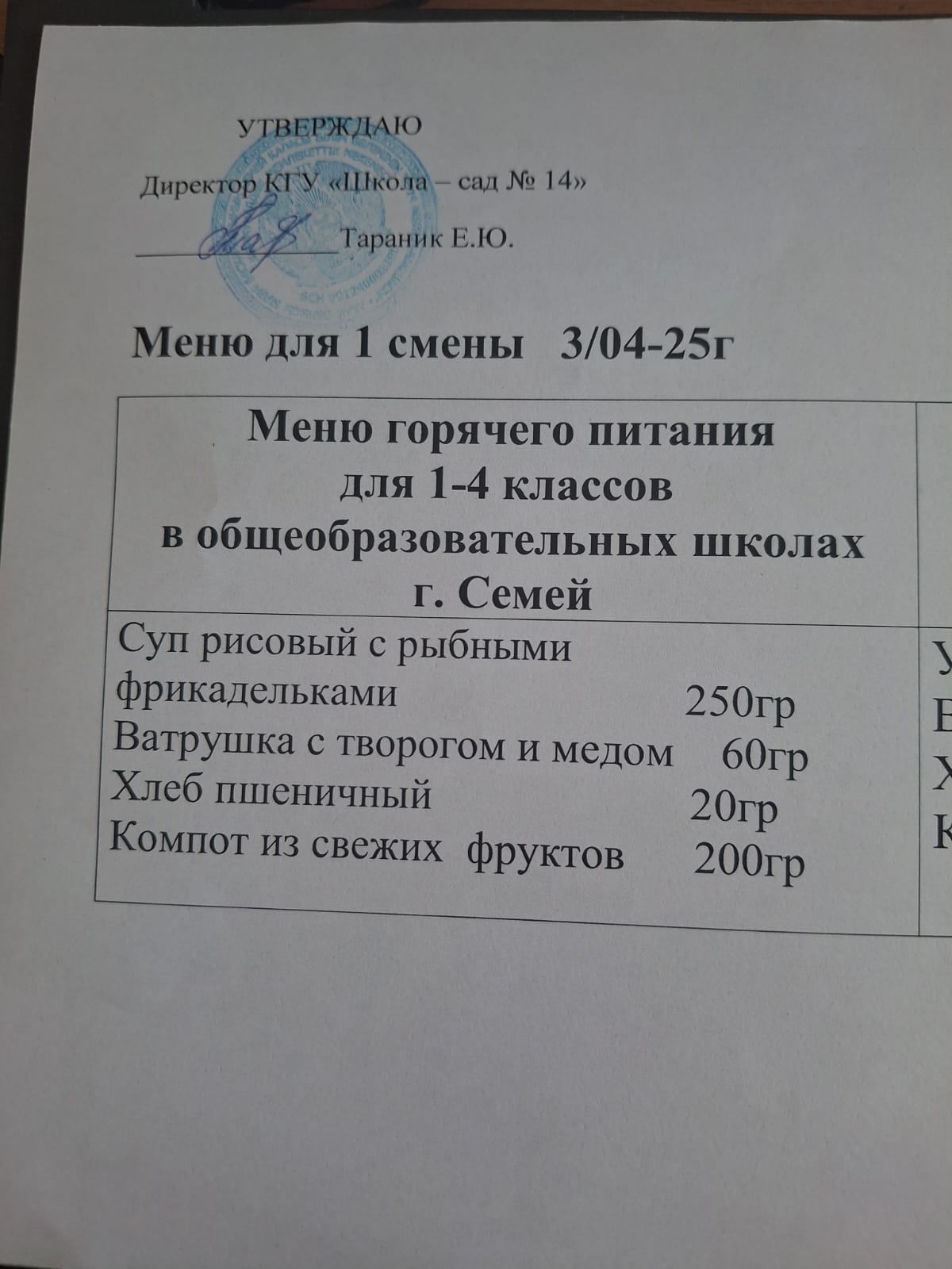 Меню 1 смены 03.04.2025 год