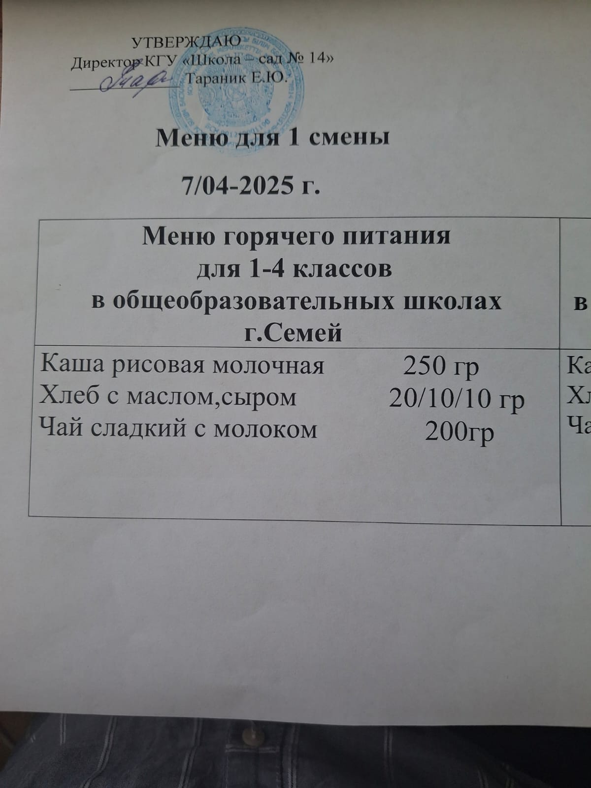 Меню 1 смены 07.04.2025