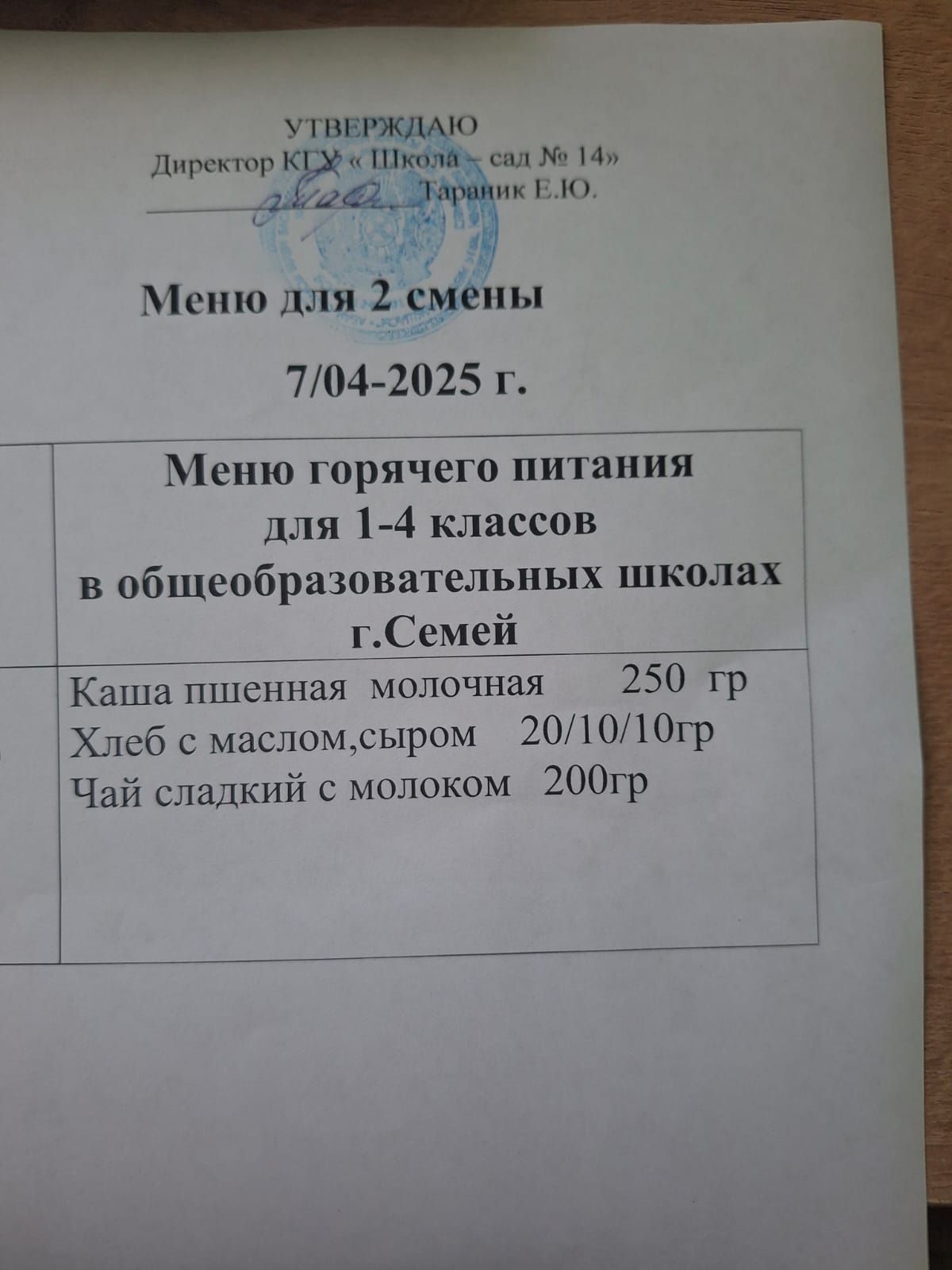 Меню 2 смена 07.04.2025