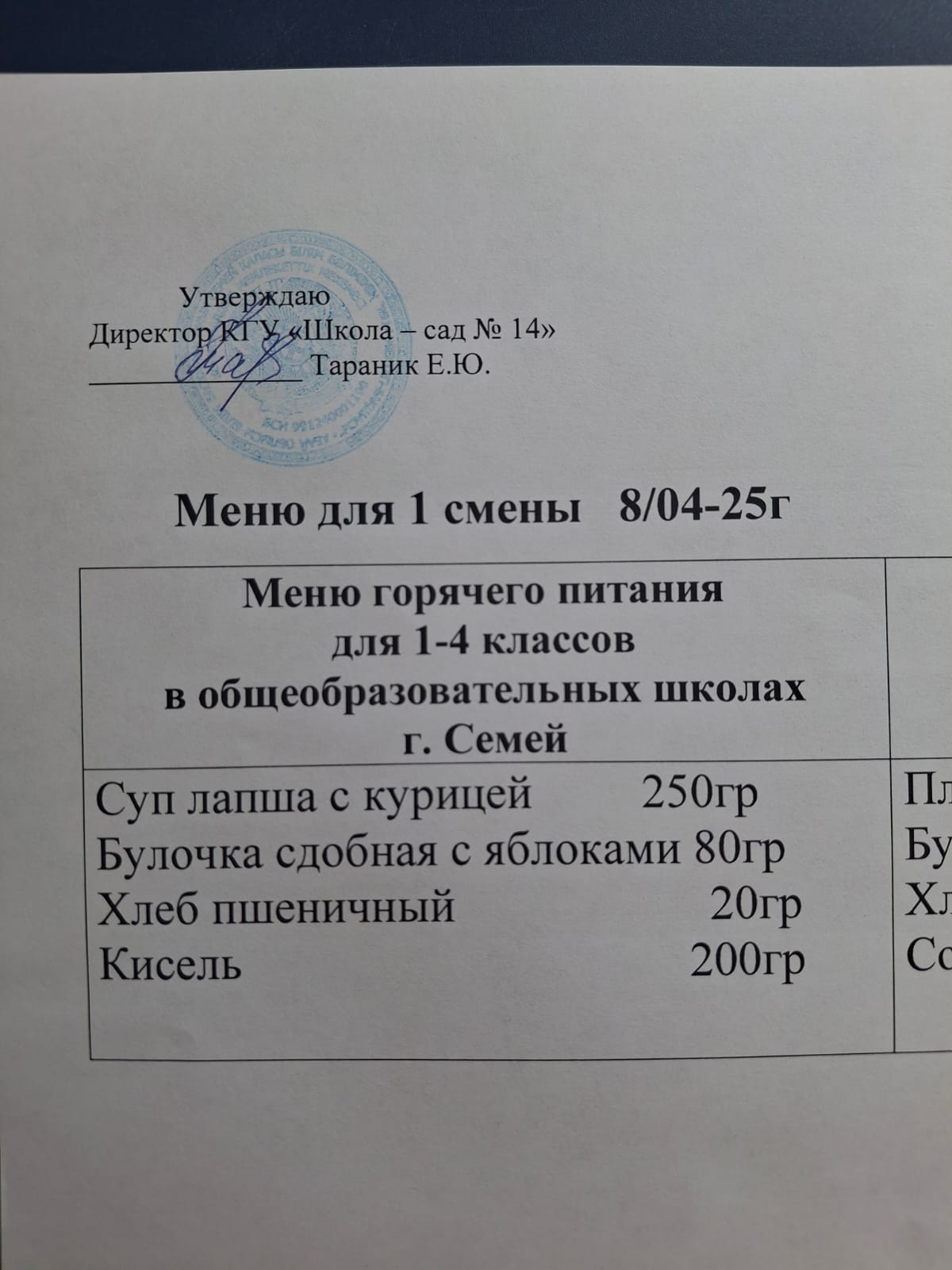 Меню 1 смены 08.04.2025