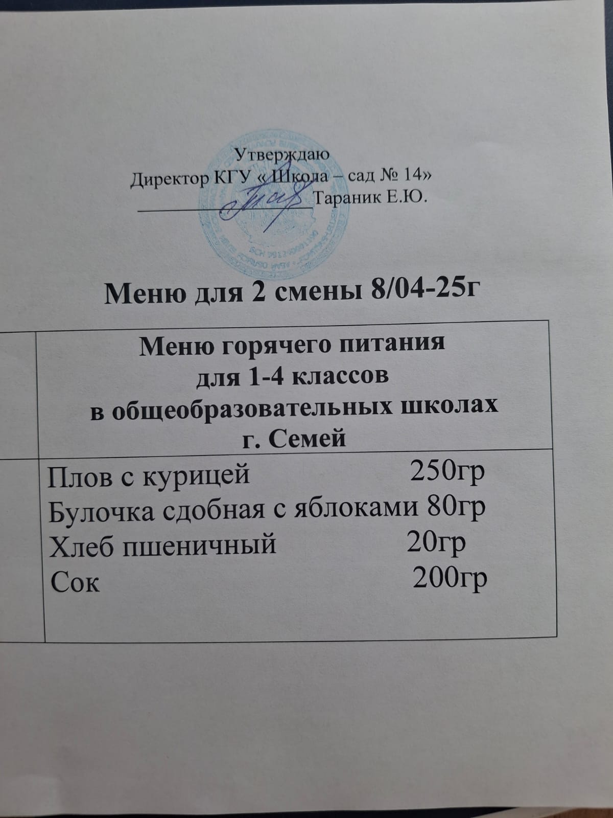 Меню 2 смены 08.04.2025