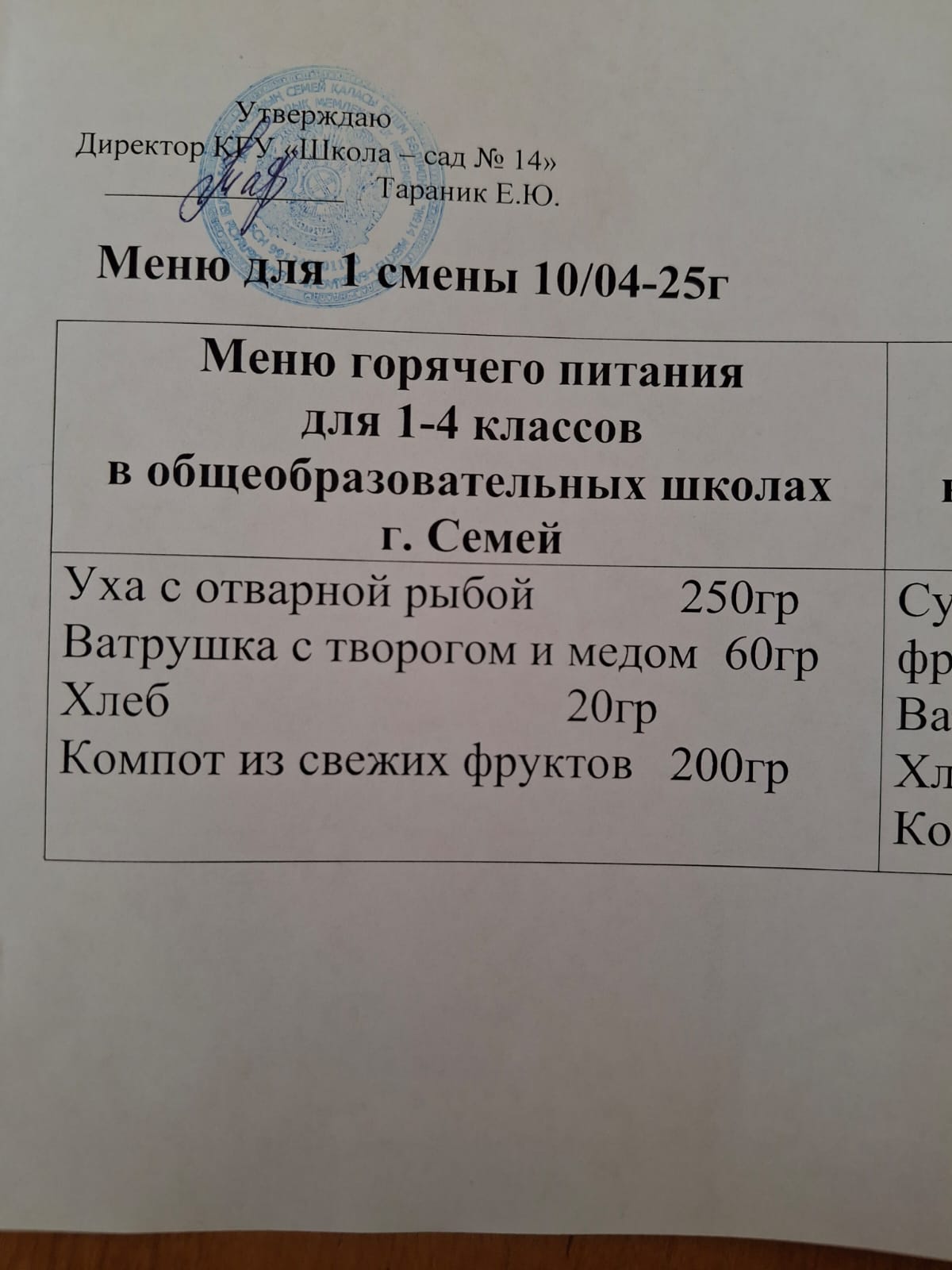 Меню 1 смены 10.04.2025
