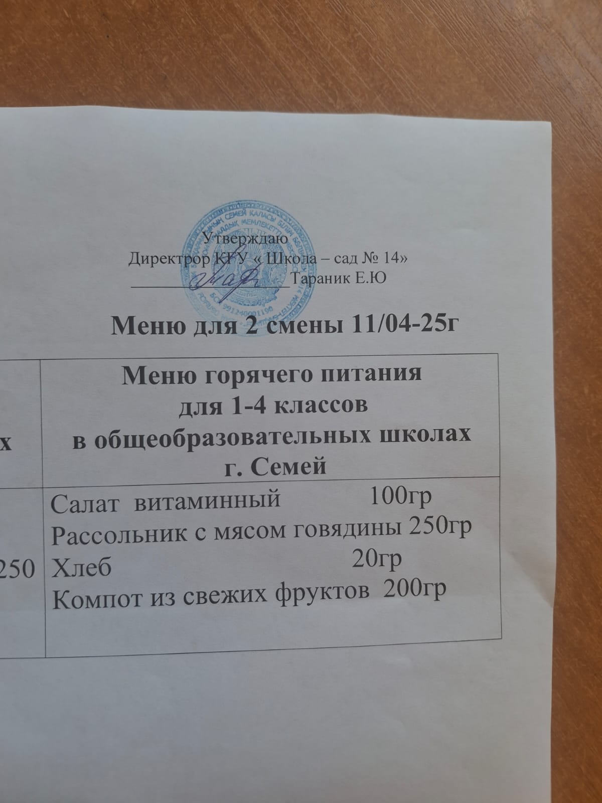 Меню 2 смены 11.04.2025